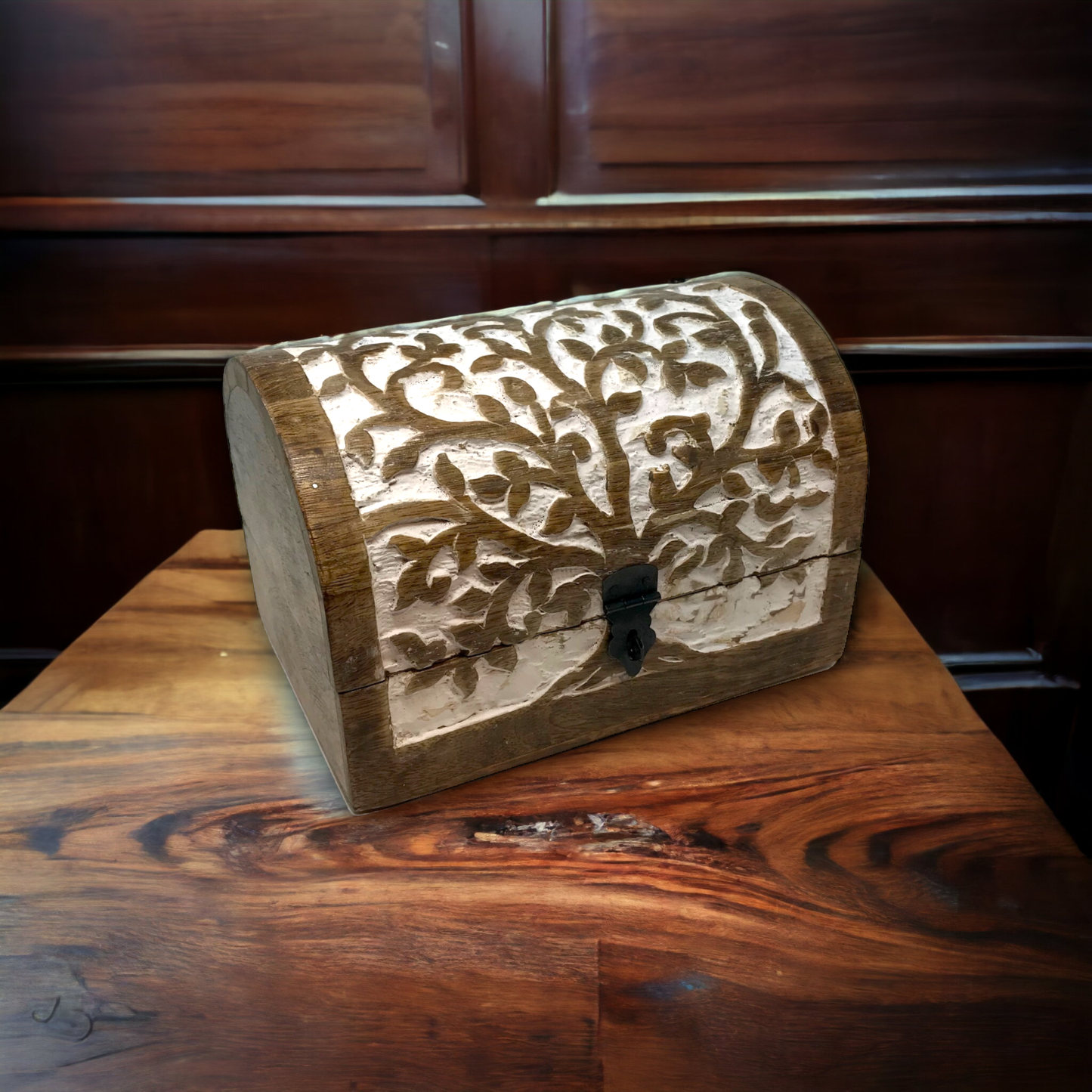 Hand-Carved Wood "Tree of Life"Hinged Box Chest Holiday
