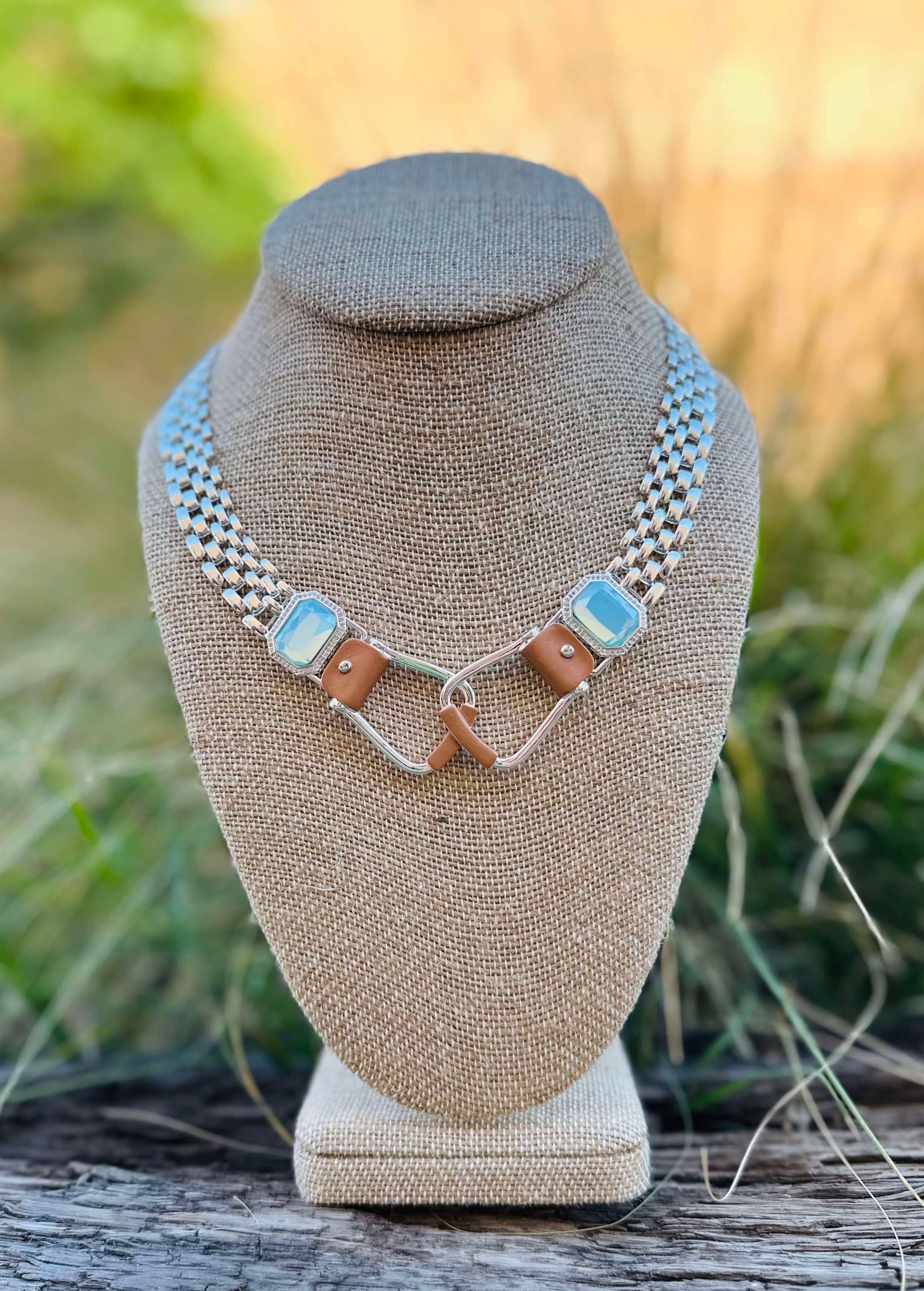 Bold Western Saddle Stirrup Necklace Aqua stone
