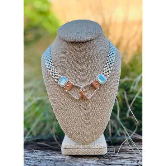 Bold Western Saddle Stirrup Necklace Aqua stone