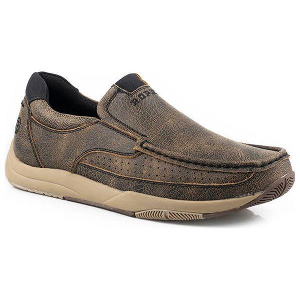 ULYSSES MENS SLIP ON CASUAL SHOE LEATHER SWIFTER SOLE  BROWN VINTAGE LEATHER,  SLIP-ON PATTERN W/ MOCK TOE