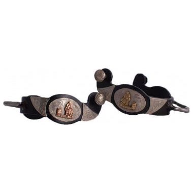 Showman Ladies Black Steel Bumper Spurs With Copper And Gold Barrel Racer And Silver Overlay