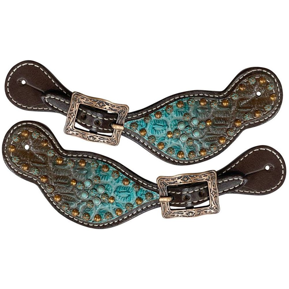 Showman Ladies Chocolate/Teal Ombre Gator Print Spur Straps With Antique Dots SS3976