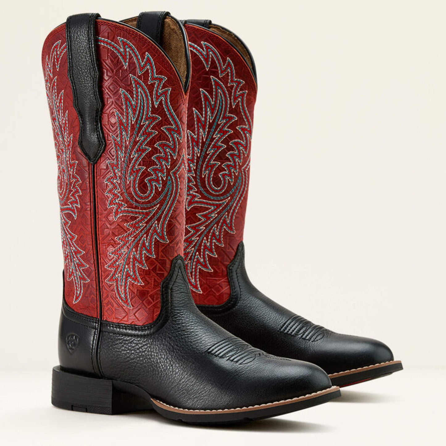 Ariat Women's Round Up W Toe StretchFit Western Boot - Black Deertan/Garnet Emboss