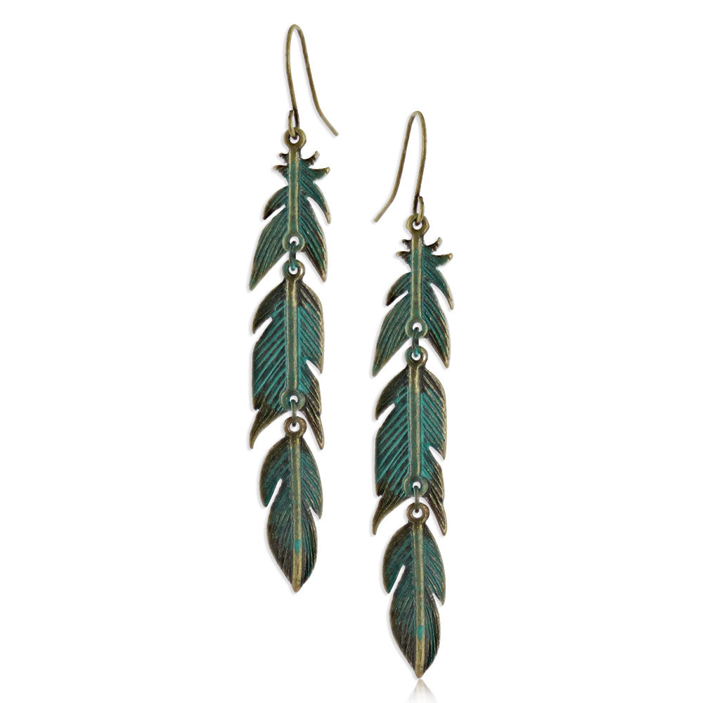 Dangling Teal Feather Earrings